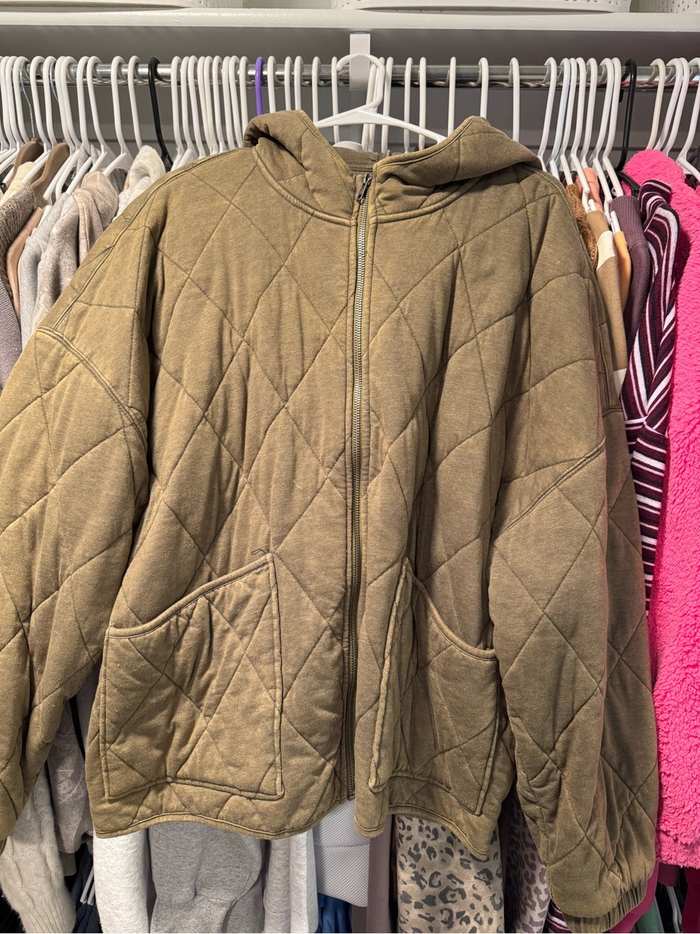 Quilted Hooded Jacket in Olive Brown - Women's Zip Front Coat